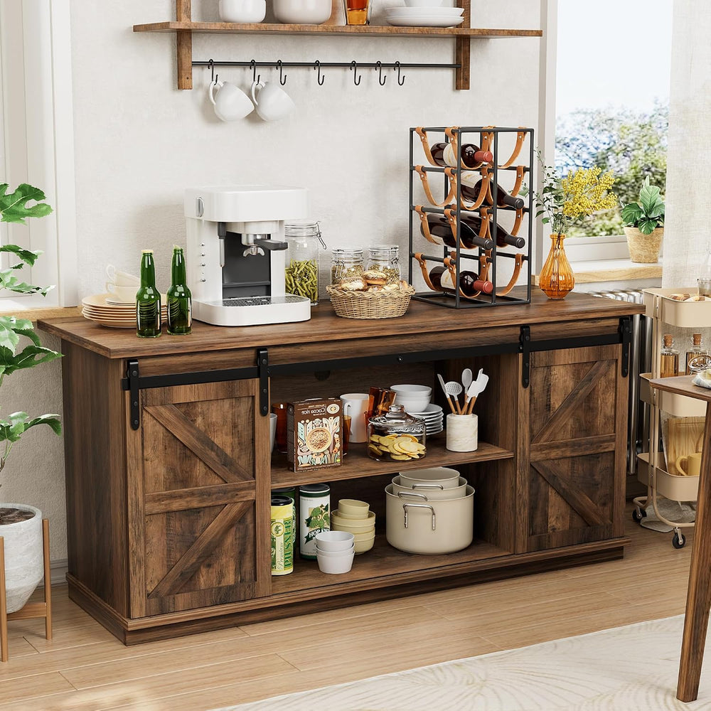 Shahoo Farmhouse Sideboard Buffet Cabinet, Coffee Bar Storage with Sliding Ba...