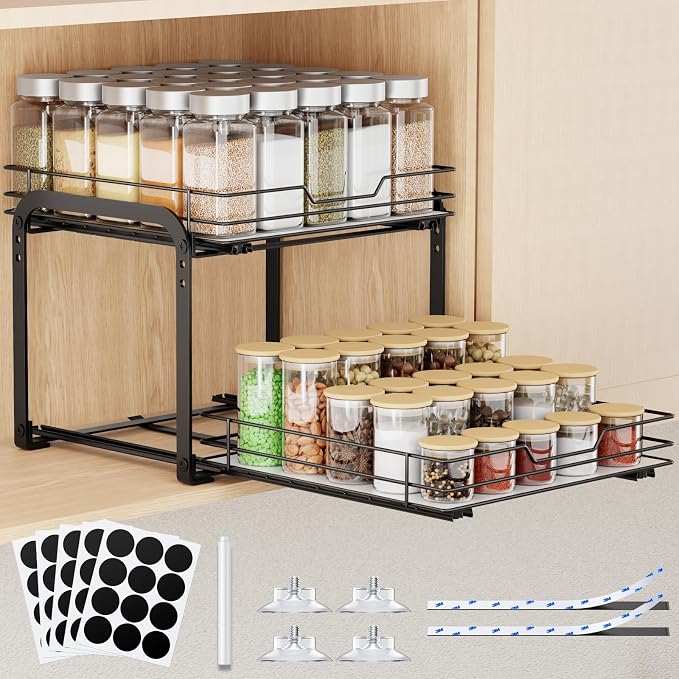 Spice Rack Organizer for Cabinet, 2 Tier Pull Out Spice Rack – Heavy Duty Metal by AHOMSEL