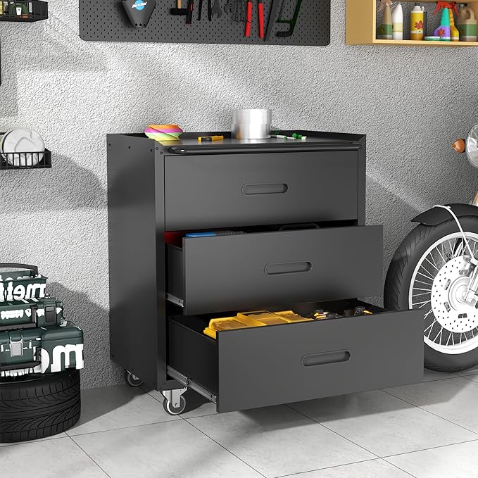 Metal Storage Cabinet with Wheels, Garage Storage Cabinet with 3 Drawers - Image 2