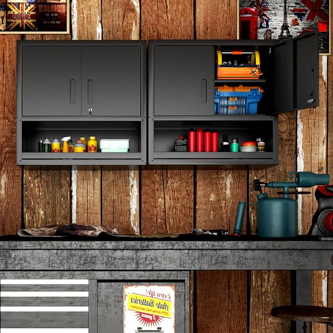 Garage Wall Cabinet with Doors and Shelves, Wall Mounted Metal Storage Cabinet