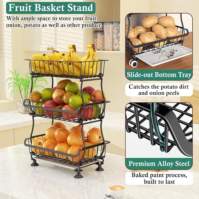 3-Tier Rolling Pantry Floor Organizer and Storage Cart - Image 4