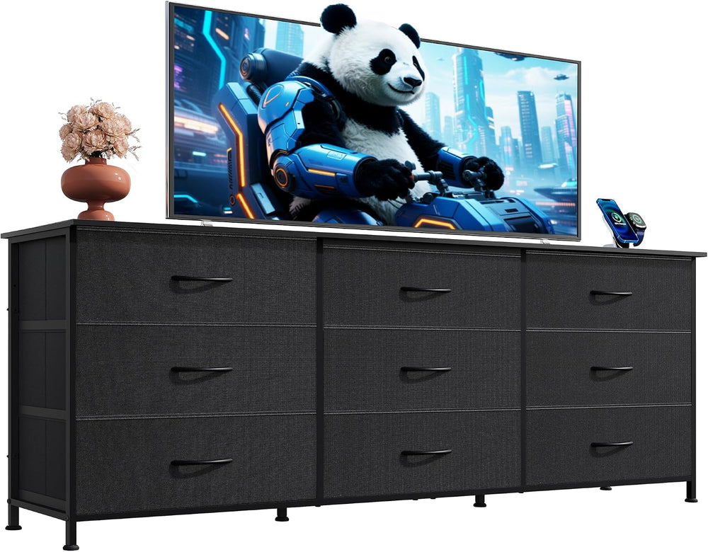 WLIVE Dresser TV Stand for 75 Inch TV, 9 Drawer Dresser for Bedroom, Black