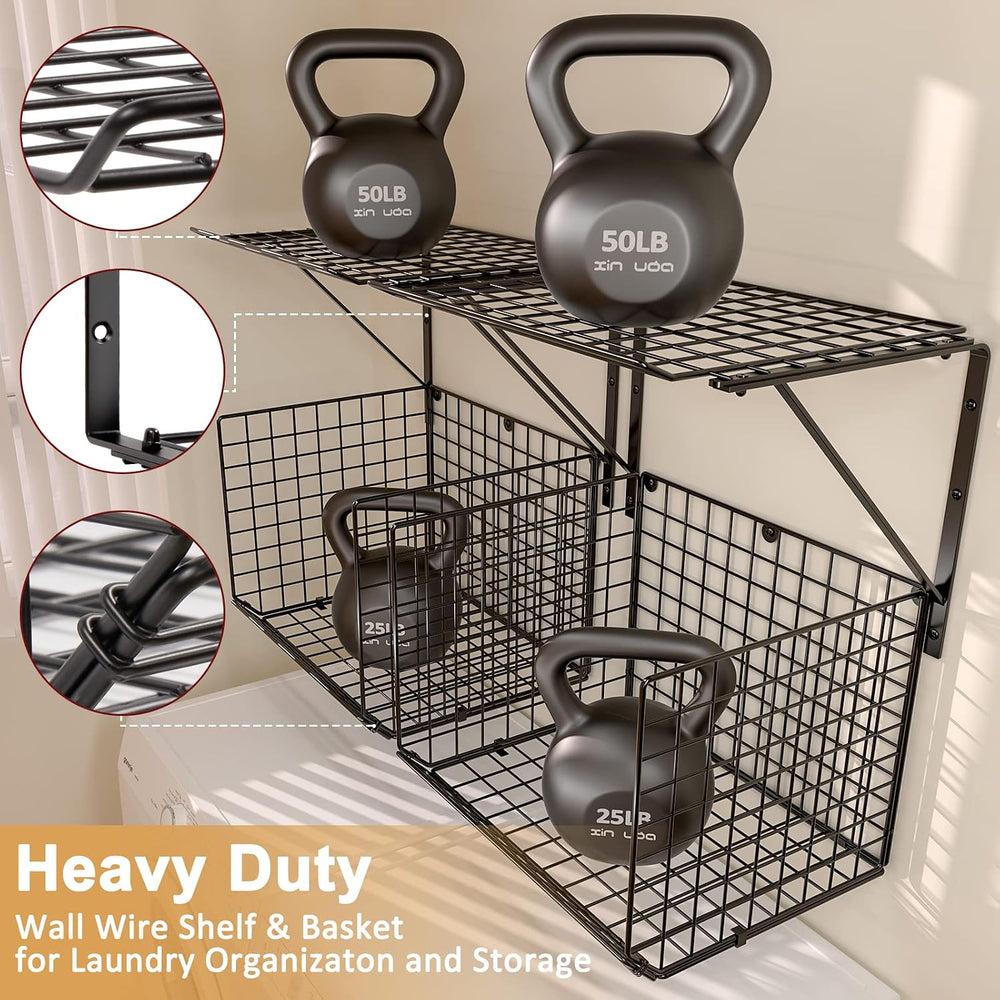 3IngSeagulls 2 Pack Laundry Room Shelves, Wire Baskets with 8 Hooks, Over Was...