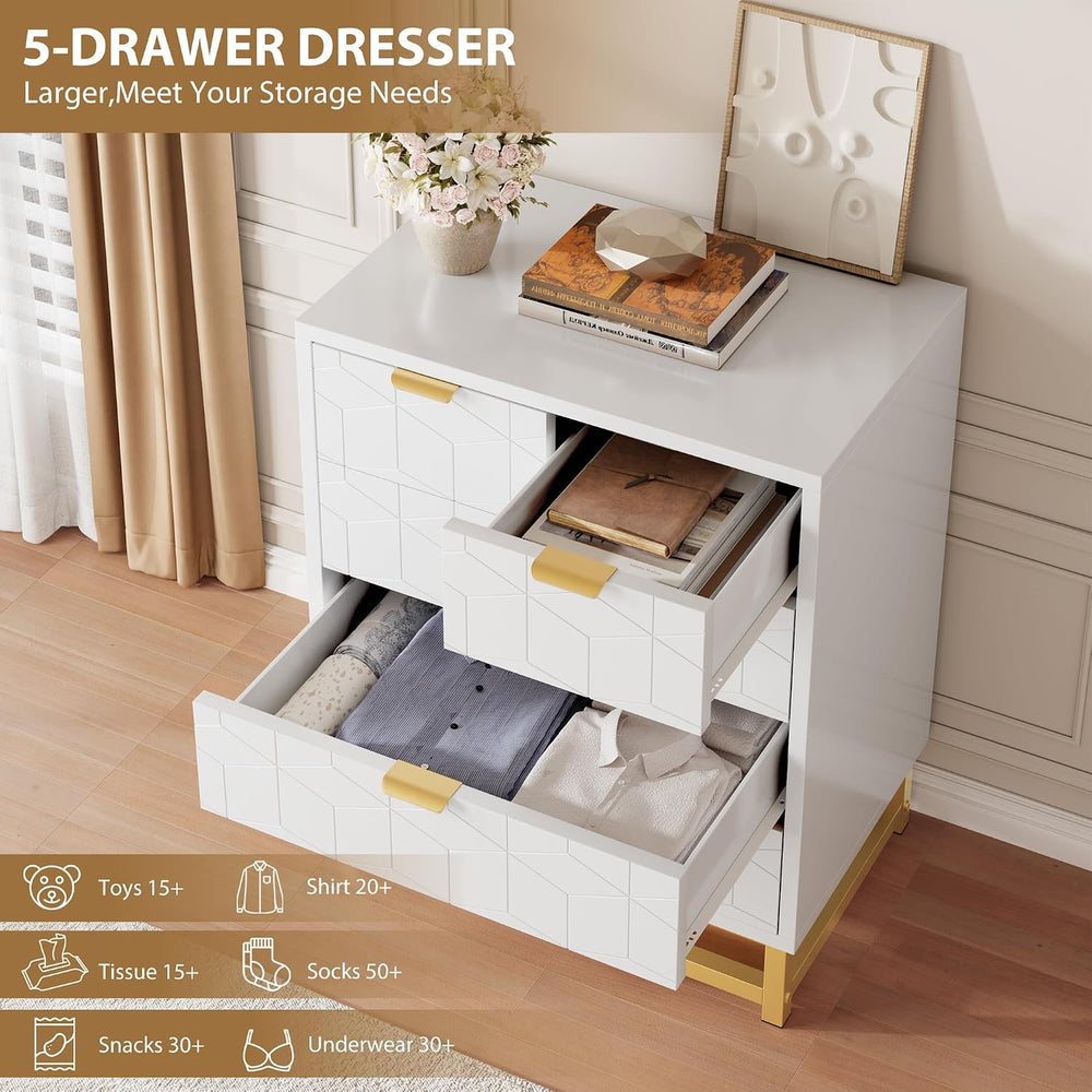 GAOMON 5 Drawer Dresser, White Tall Dresser for bedoom, Modern Dresser