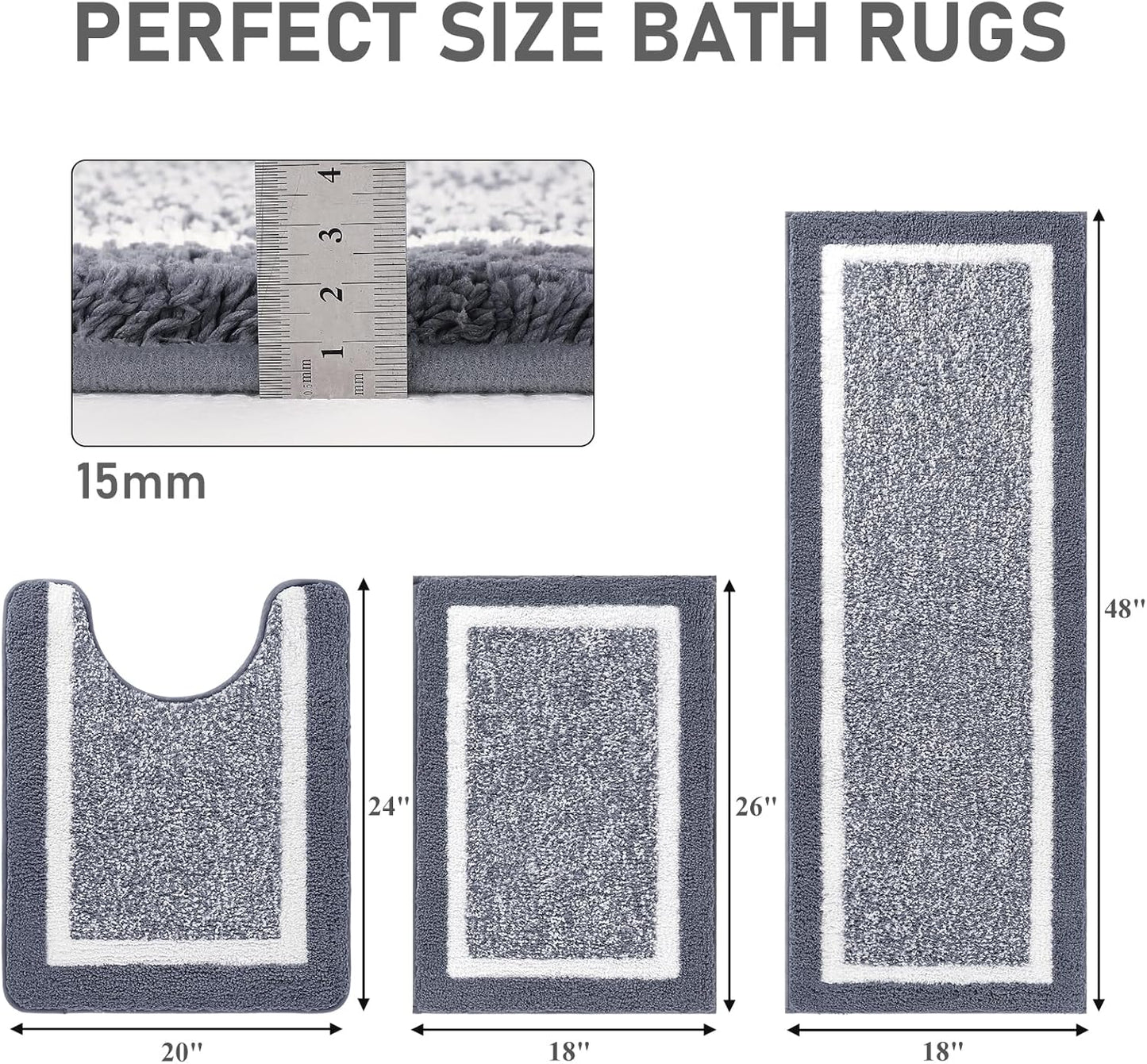 Pauwer Bathroom Rugs Set 3 Piece Non Slip Washable, Plush Absorbent Microfiber Bath Mat Shower Rug Runner Quick Dry, Super Soft U Shaped Toilet Mats Floor Carpet, Dark Grey