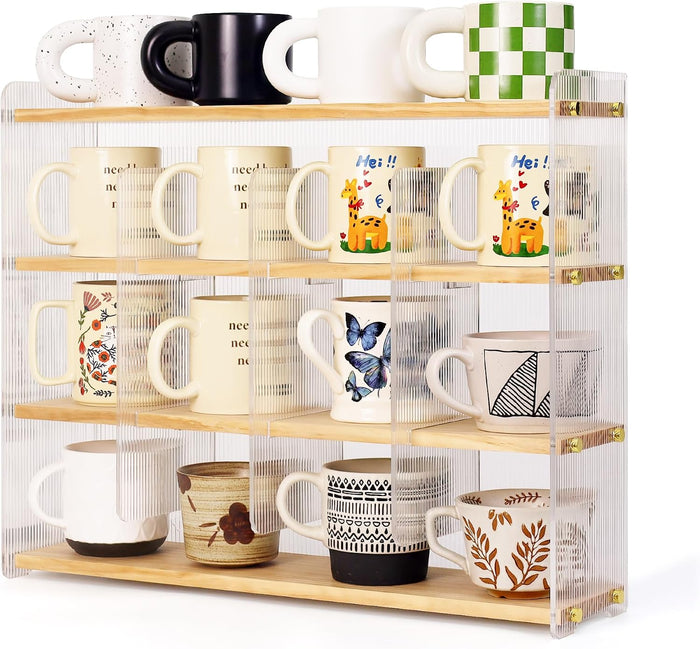 Mug Shelf 4-Tier Walnut Coffee Cup Displays,Kitchen Spice Storage