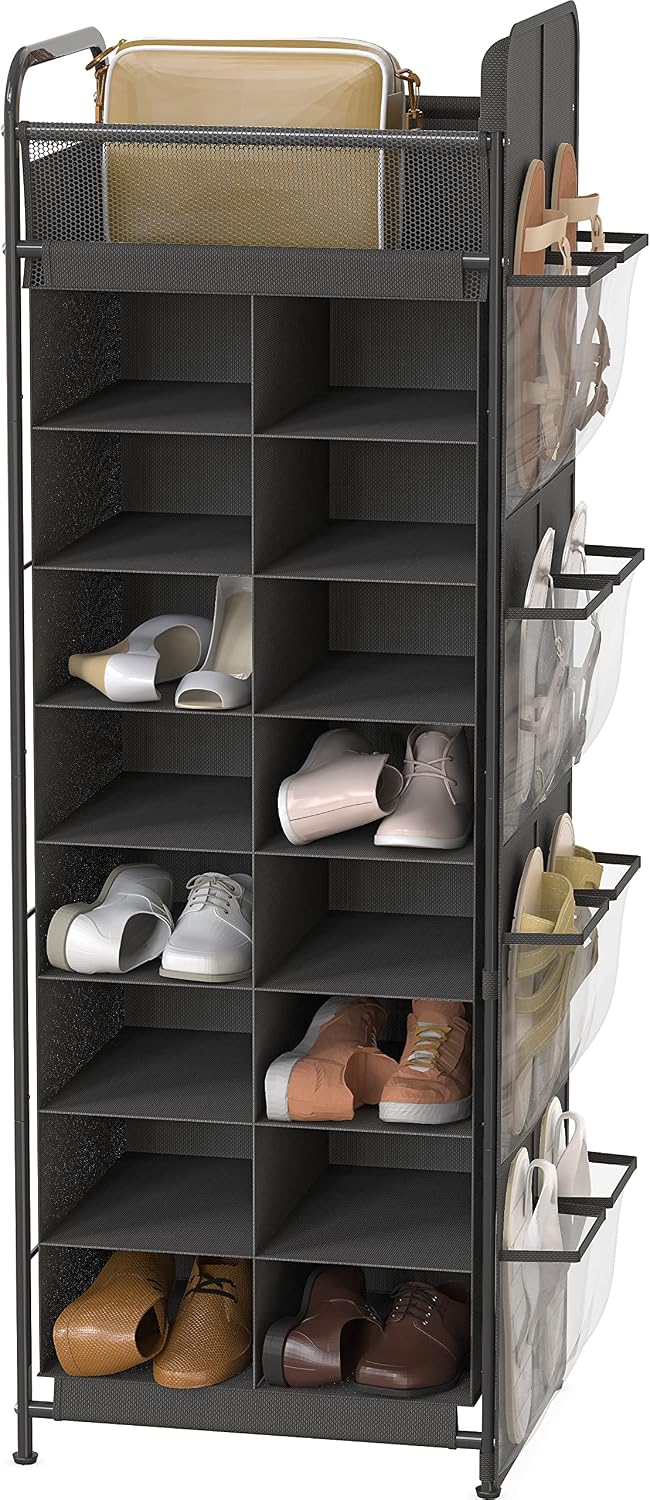 Simple Houseware 16 Cube Shoe Stand Tower Rack 8 Tier, Dark Gray