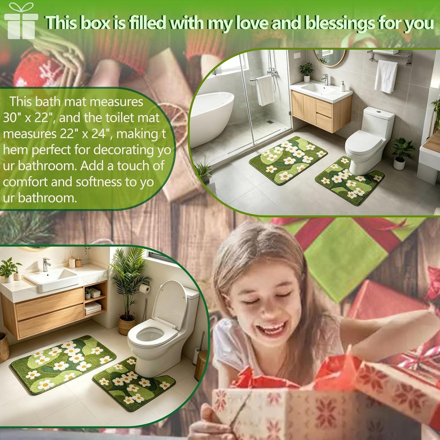 Bathroom Rug Set 2 piece Green Flower Bath Mat Set, Cute Bath Mat and U-Shaped Toilet Mat,Ultra Soft Absorbent Non Slip, 32" x 20" Machine Washable Moss Bathroom Mat(Blooming Set, 22" x 20")