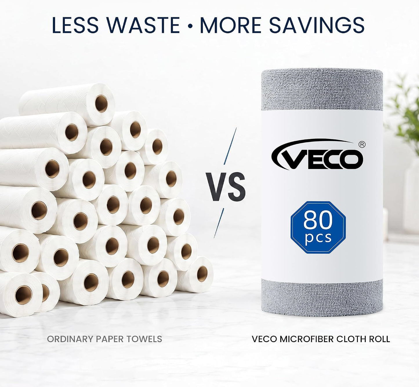 Veco Microfiber Cleaning Cloth Roll 80 PCS Gray, 12" x 12" | Lint-Free, Streak-Free, Tear Away Reusable Microfiber Towels, Cleaning Rags for Kitchen, Car & Home
