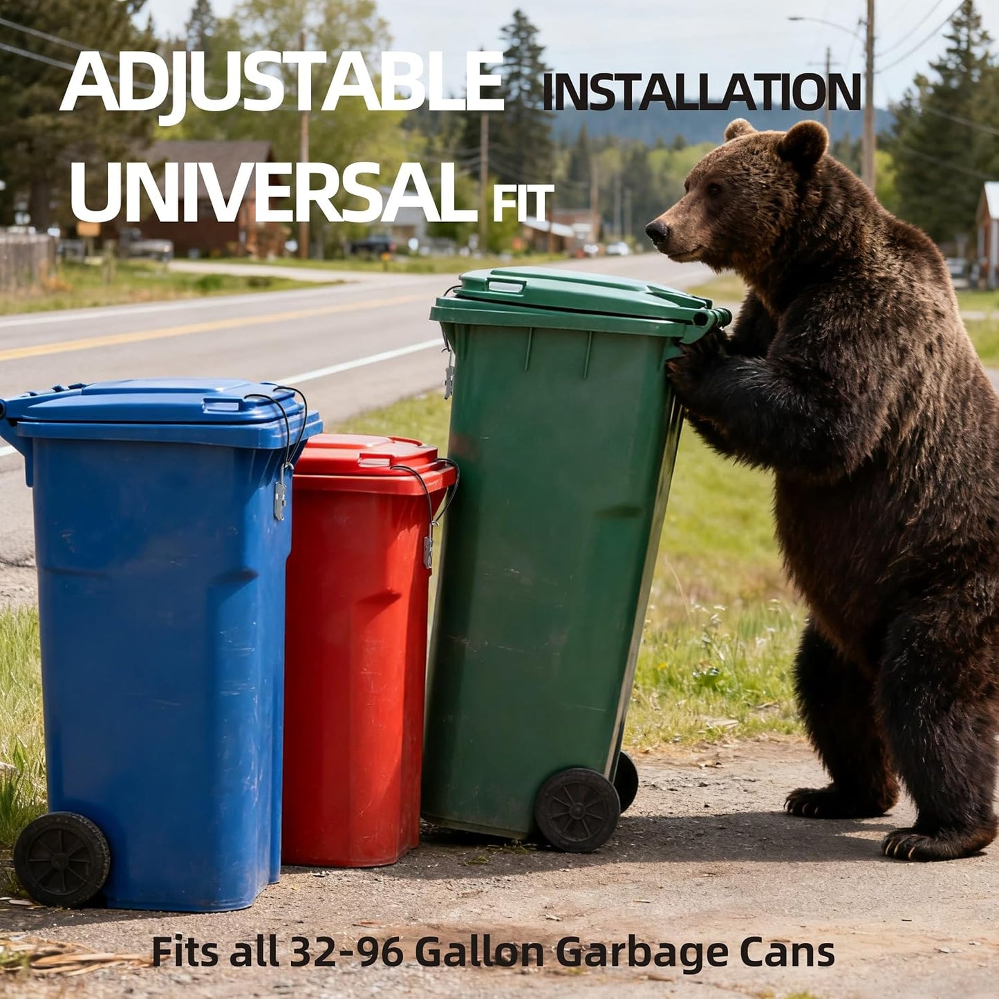 Animal Proof Trash Can Lock, 304 Stainless Steel Tension Latch for Raccoon & Bear Prevention, Universal Fit for 20-100 Gallon Outdoor Bins