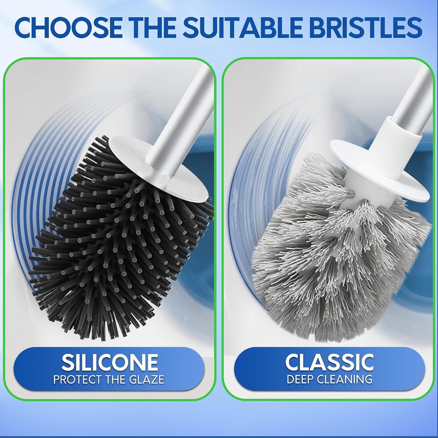 BOOMJOY Toilet Brush and Holder Set, Silicone Toilet Bowl Cleaner Brush, Bathroom Cleaning Bowl Kit with Tweezers, Bathroom Accessories with Aluminum Handle - White
