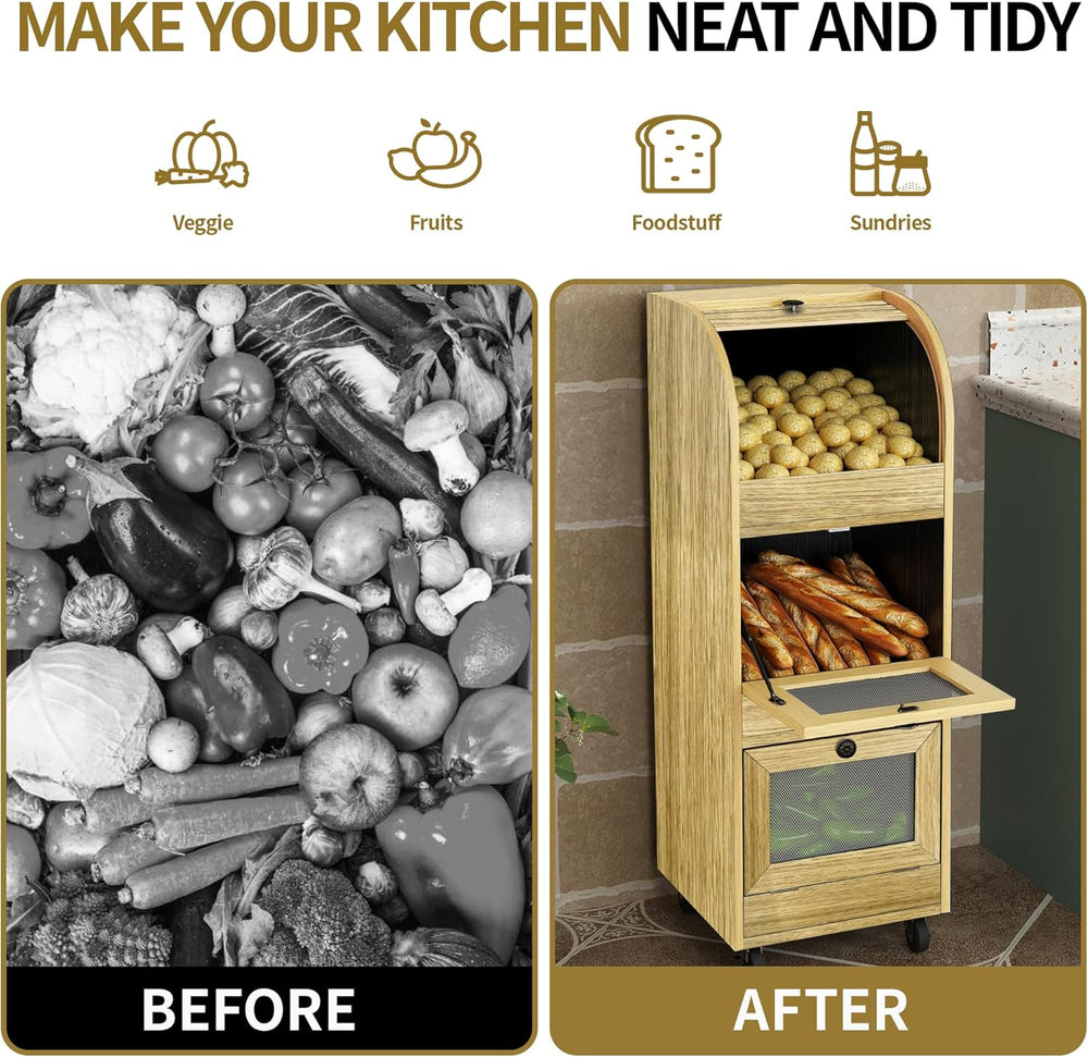 Wood Color Vegetable Storage Bin with Wheels & Ventilation