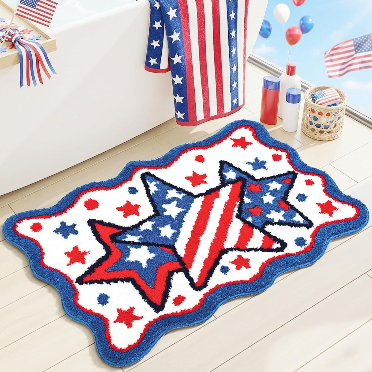 Lindameler 4th of July Bath Mat Soft Washable Patriotic Bath Rug 20 X 30 Inch American Flag Red Blue Stars Patriotic Rug Doormat for Independence Day Decorations
