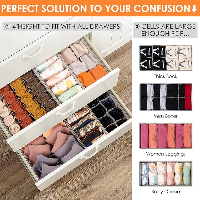 12 Pack Sock Underwear Drawer Organizer Dividers, 116 Cells Fabric Foldable - Image 2