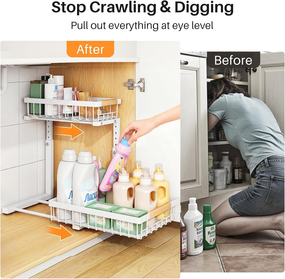 PXRACK Under Sink Organizer, Adjustable Height, 2 Tier Pull Out Under Cabinet...