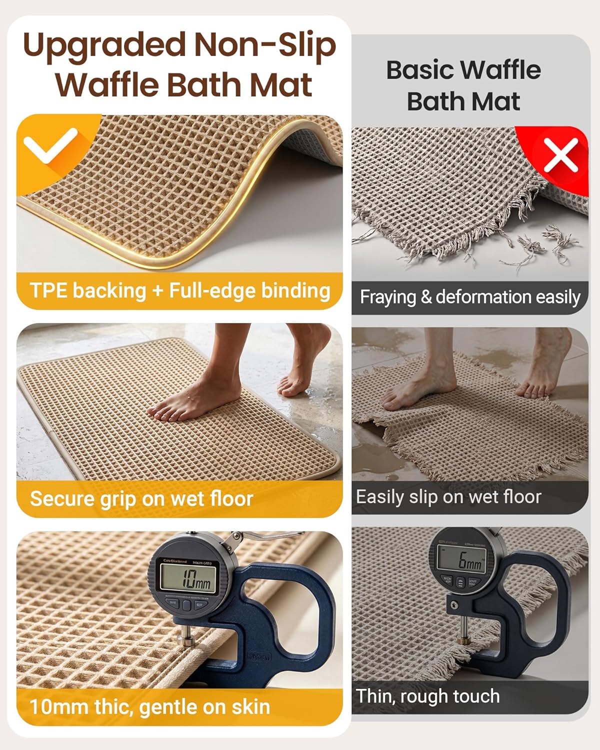 Furicher Upgraded Non Slip Waffle Bath Mat, Super Absorbent Bathroom Rugs, 20x30 inch Boho Decor Kitchen Rug, Soft & Machine Washable Bathroom Floor Mat for Tub, Sink, Vanity, Entryway (Brown)