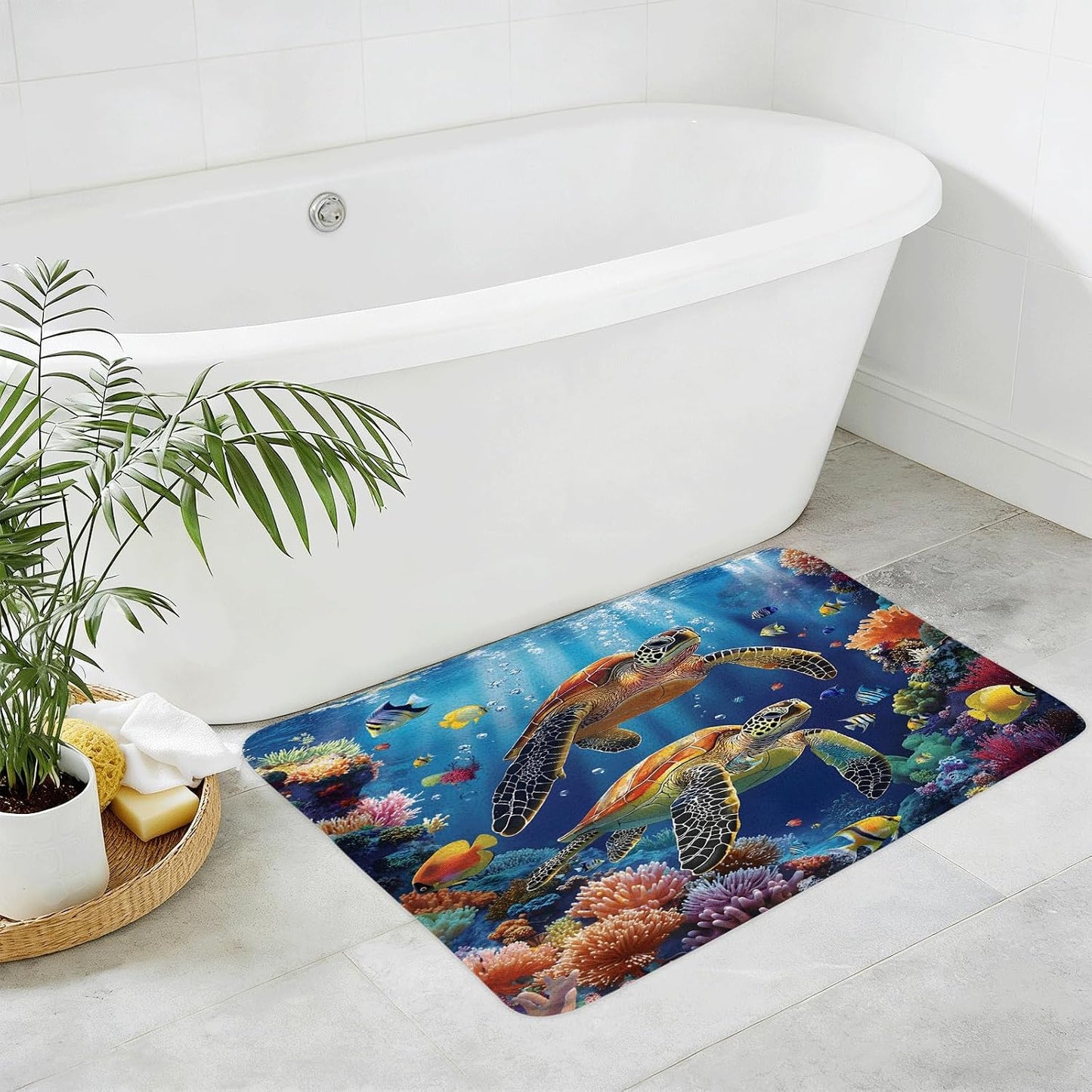 Sea Turtle Bath Mat Tropical Blue Ocean Animal Underwater World Coastal Fantasy Marine Life Fish Seabed in The Deep Sea Reef Bathroom Rug Toilet Doormat Floor Carpet Rugs Decor 17.8x29.5 Inch