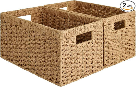 StorageWorks Round Paper Rope Storage Baskets, Rectangular Wicker Baskets by StorageWorks