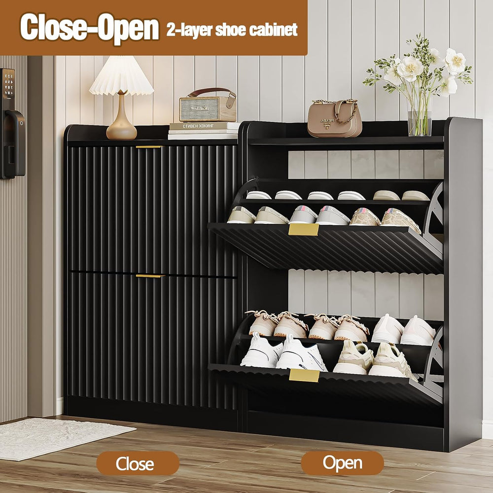 Black Fluted Slim Shoe Cabinet Storage with 2 Flip Drawers for Entryway