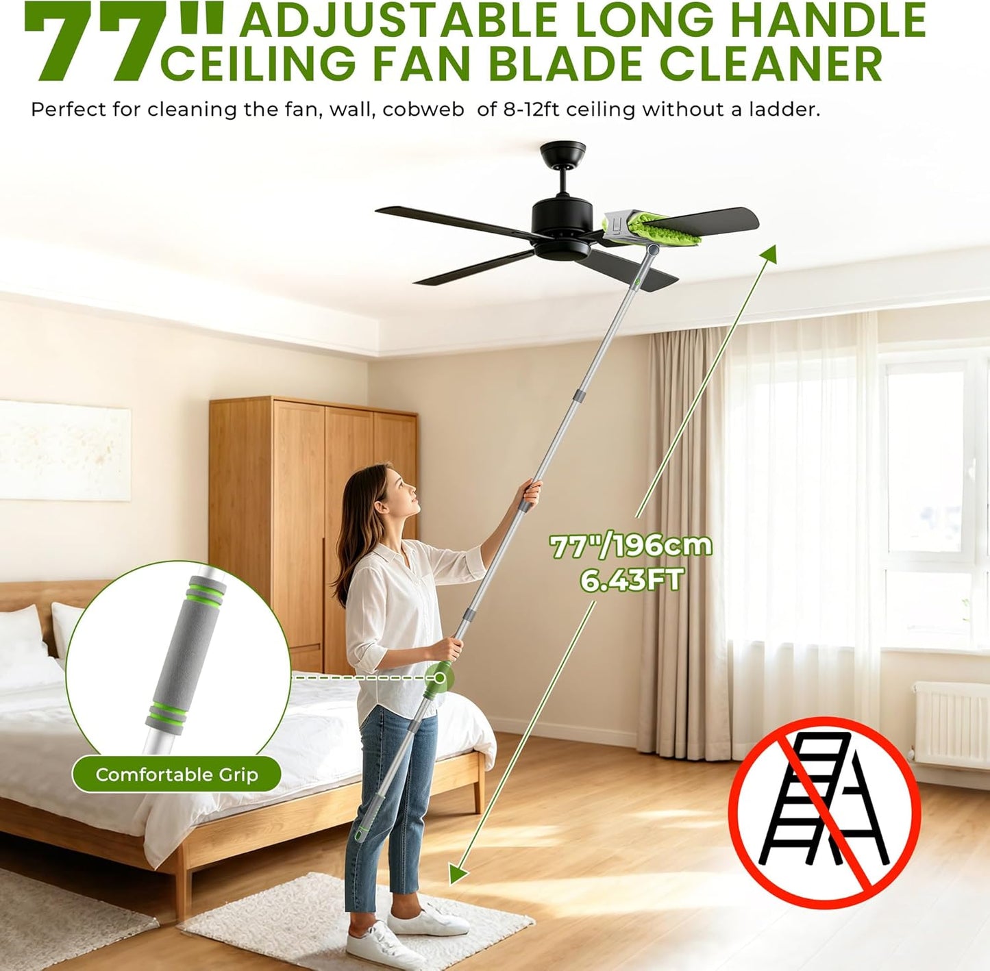 Ceiling Fan Cleaner Duster with 77" Extension Pole, 4-in-1 Reusable Microfiber & Chenille Fan Blade Cleaner, Bendable Fan Duster for Ceiling Fan Blade Blinds Baseboard Cobweb