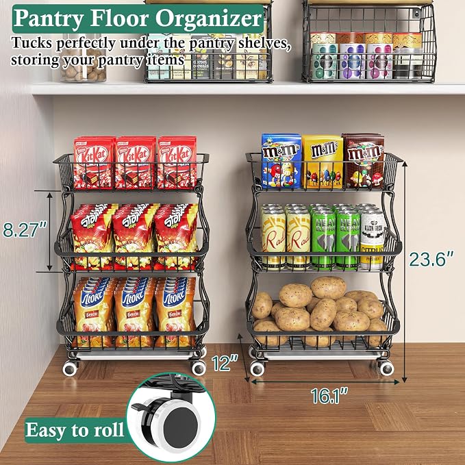 3-Tier Rolling Pantry Floor Organizer and Storage Cart - Image 2