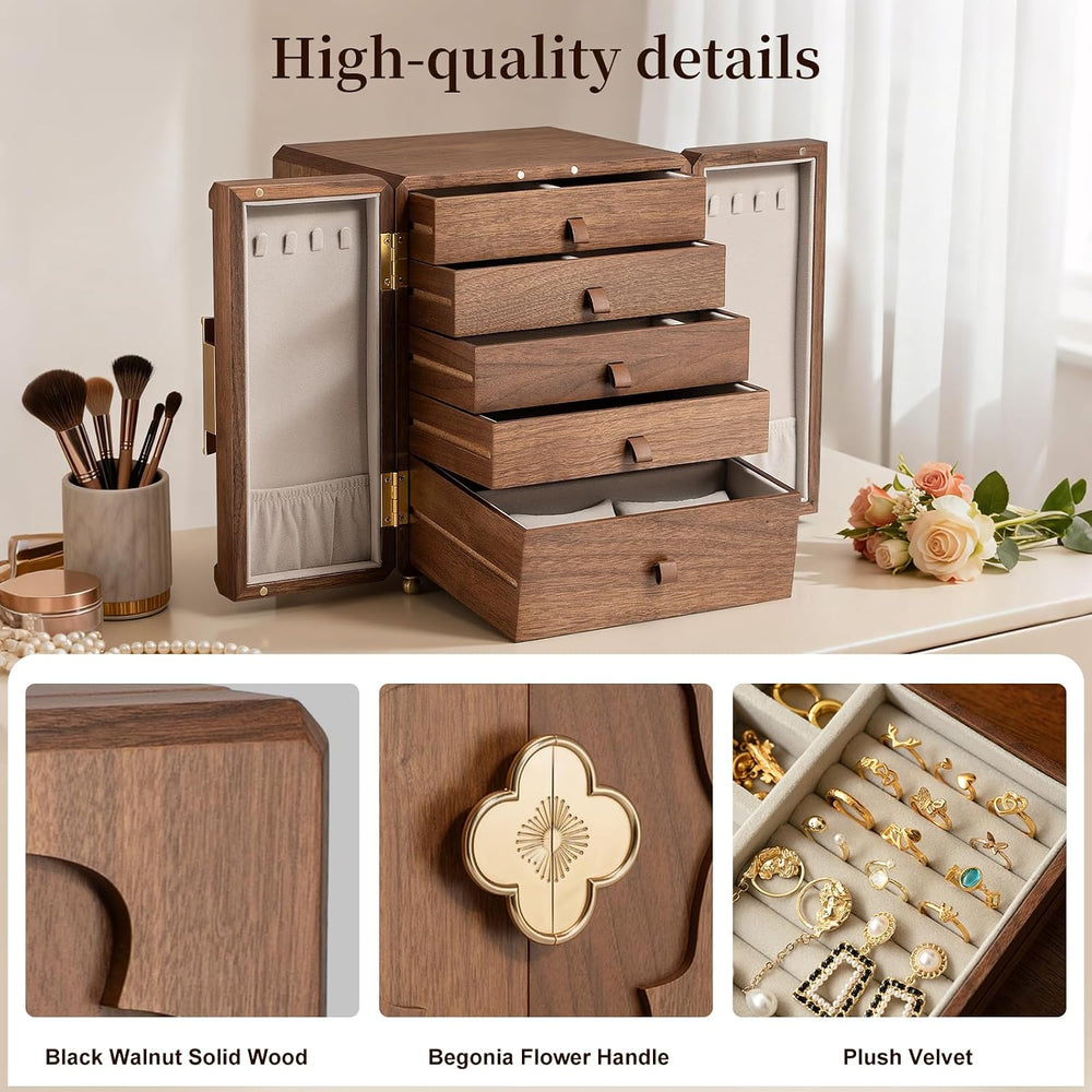 5-Layer Double-Door Walnut Wood Jewelry Box