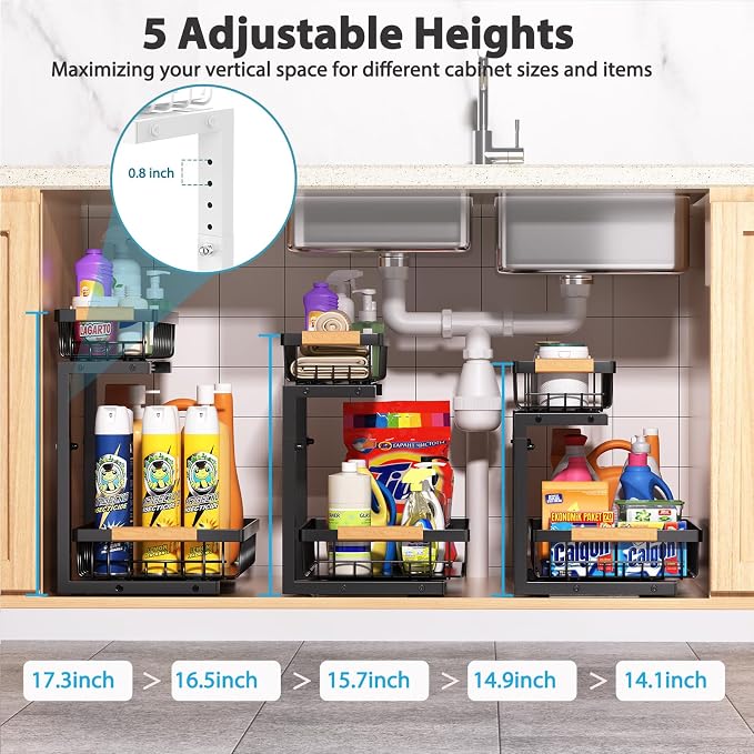 Under Sink Organizer Storage 1 pack, 2 Tier Slide Out Height Adjustable Pull - Image 3