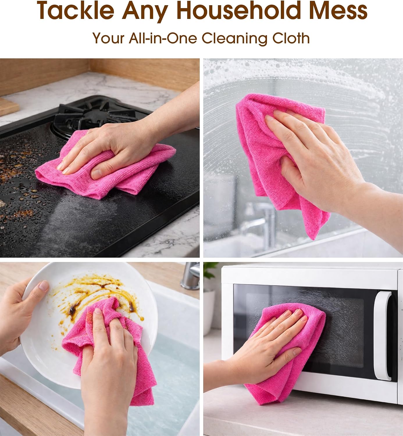 Microfiber Cleaning Cloth Roll, 100 Pack, 12 x 12 Inch Tear Away Reusable Paper Towels, Thick Cleaning Towels, Absorbent Lint Free Washable Rags for Kitchen, Car, Garage and Workshop - Hot Pink