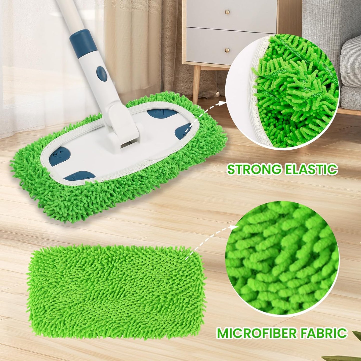 Reusable Microfiber Floor Mop System, Wet & Dry Sweeper Kit, Includes 1 Sweeper Handle, 3 Washable Chenille Mop Pads, Dry & Wet Use for Hardwood, Tile, and Laminate Floor, Blue
