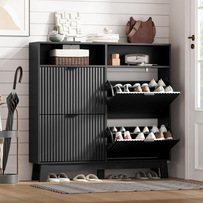 Shoe Cabinet Storage for Entryway with 4 Flip Drawers, Fluted Narrow Shoe Organizer with Wooden Legs & Top Cubby, Freestanding Slim Shoe Storage Hidden Shoe Rack for Front Door Entrance, Black
