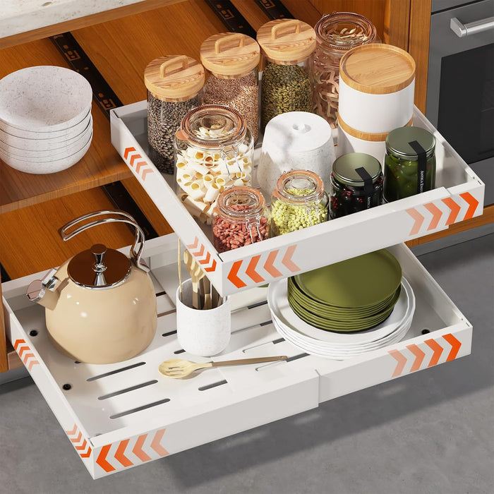 2 Pack Expandable Pull Out Cabinet Organizer 21" Deep, Adjustable Width 12.6"-20.5", No Drill Adhesive with Triple Track Rails, Heavy Duty Slide Out Drawers for Kitchen, Pantry, Cabinets,White