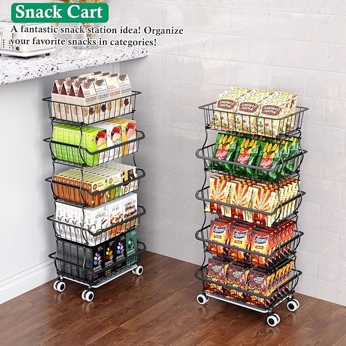 5 Tier Fruit Basket for Kitchen, Stackable Bins Wire Rack - Image 4