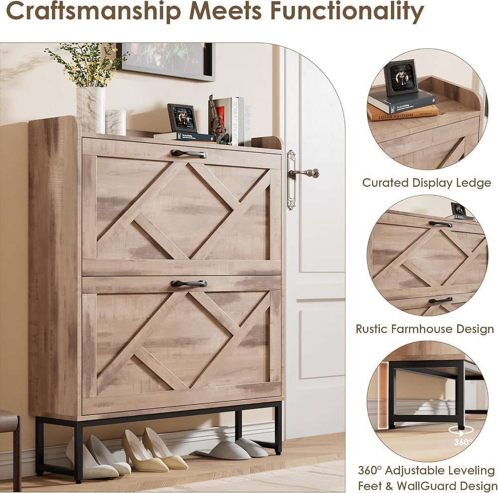 Nicetree Shoe Cabinet with 2 Flip Drawers，Freestanding Shoe Storage Cabinet, ...
