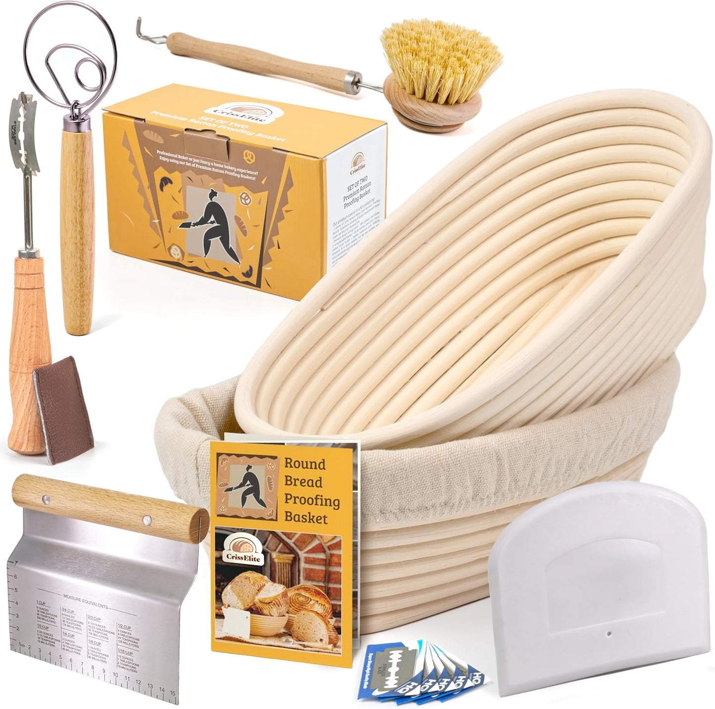 11" Oval Banneton Proofing Basket Set of 2 - Sourdough Starter Kit with Bread Lame, Danish Whisk, Metal & Bowl Scrapers, Cleaning Brush - Professional Artisan Baker Gift Set