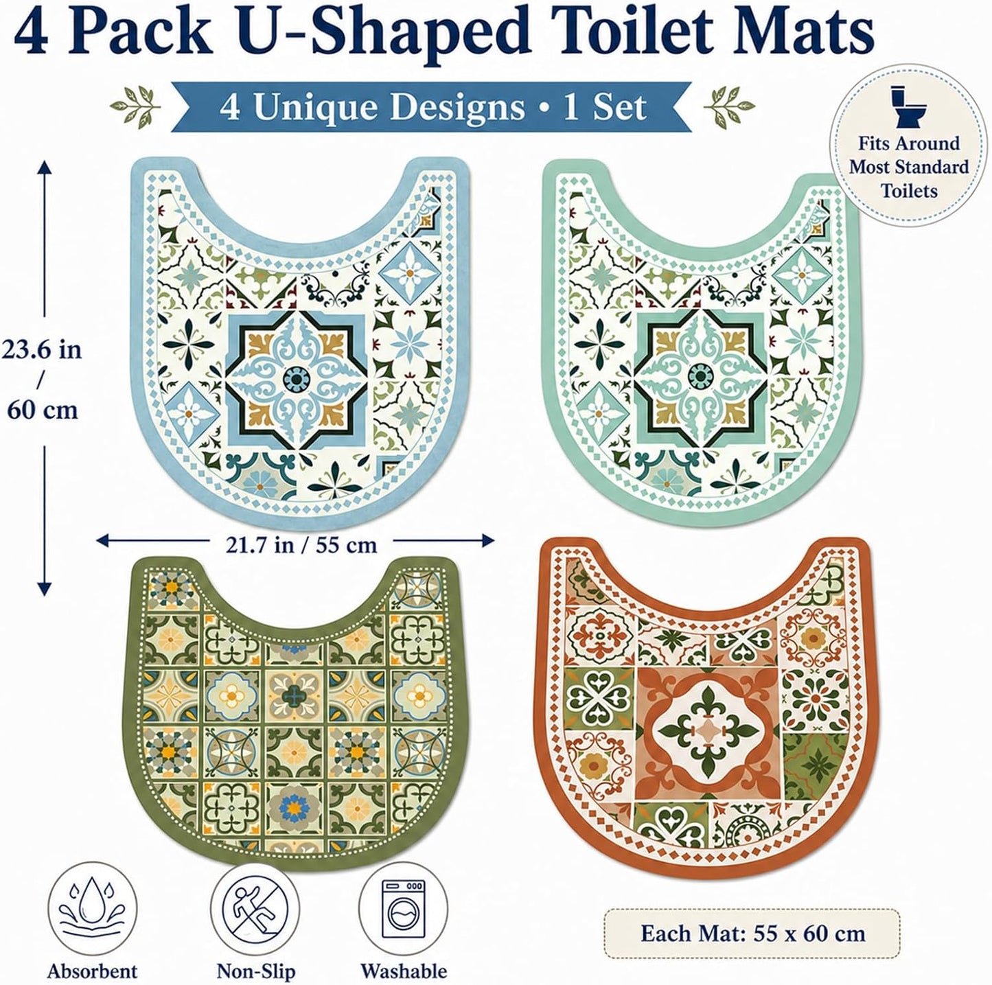 Washable Commode Potty Training Mats, Super Absorbent Reusable Toilet Training Rug for Kids, Leak-Proof & Non-Slip Adult Incontinence Toilet Mat, Bathroom Floor Protector Pads 4 Pack