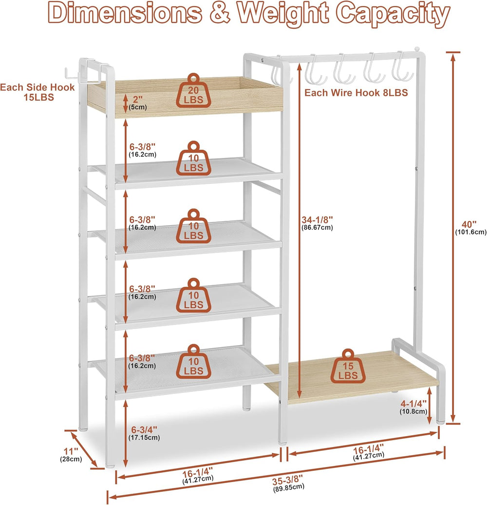 2-in-1 Shoe Rack for Closet with Purse Organizer, 5 Tier Shoes Shelf with Woo...