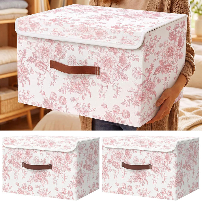 2 Pack Pink Floral Storage Bin with Lids, 17x11x12 Inch