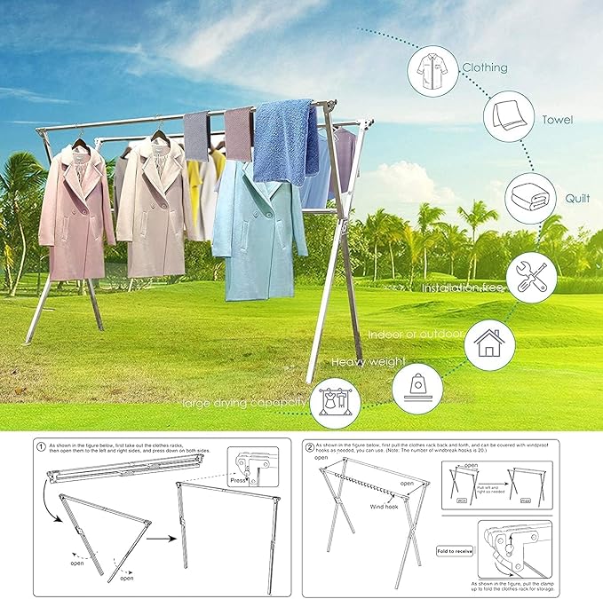 Clothes Drying Racks 81.5-83 Inches Folding Outdoor Indoor Drying Rack Clothing - Image 2