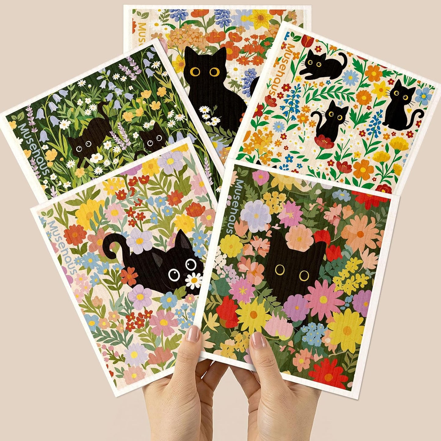 5 Pack Reusable Swedish Dishcloths, Cat in Flowers | Reusable Paper Towels, Non-Scratch, Absorbent, Compostable, Textured Surface, Sponge Cloths for Cleaning