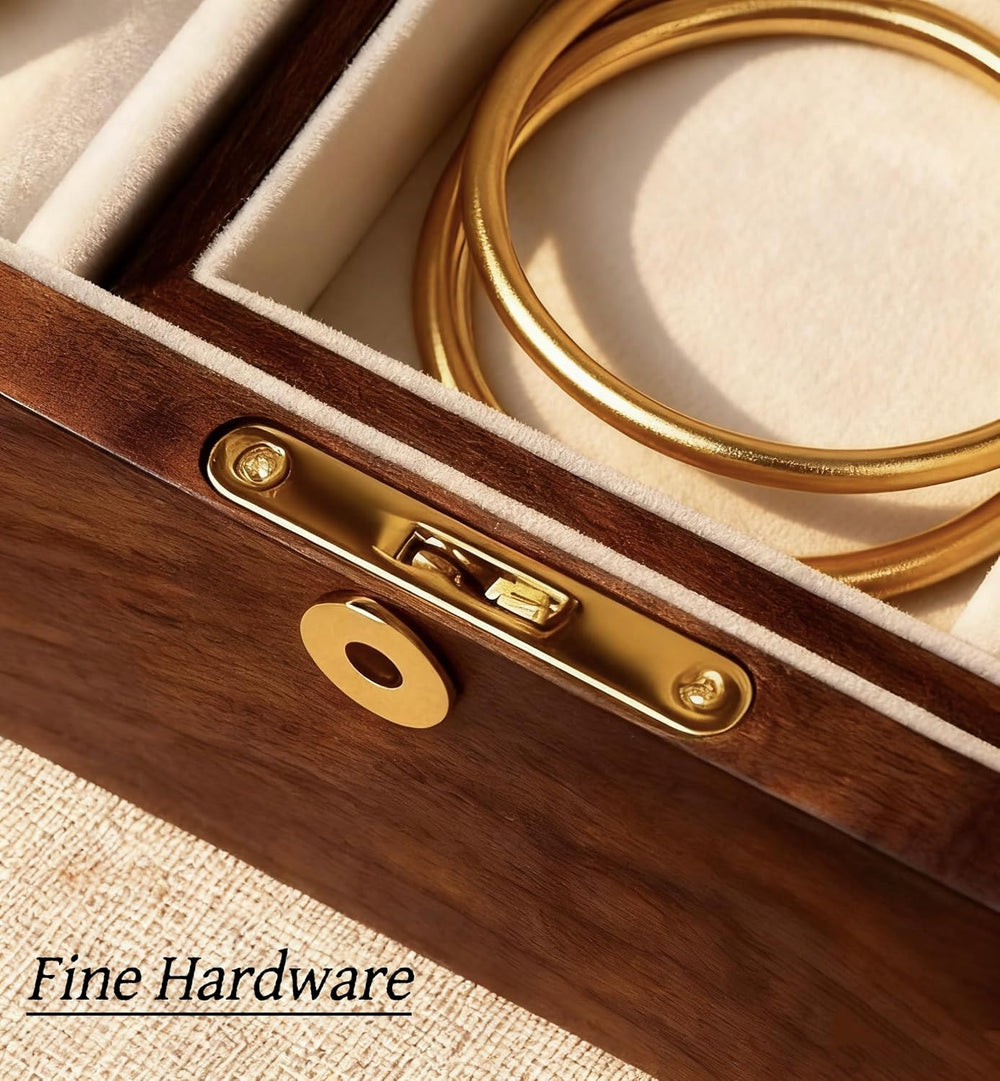Bescott 2 Layer Solid Black Walnut Wooden Jewelry Box with Lock and Key for W...