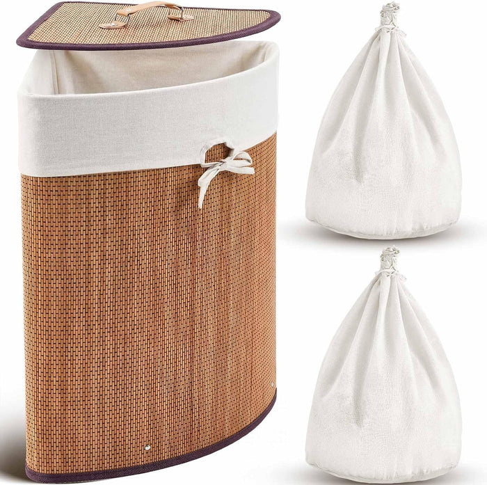 Gueevin Corner Bamboo Laundry Hamper with Lid and Removable Liner Corner Bamboo Laundry Basket with Handle Washing Clothes Basket Storage Bin for Bedroom Bathroom(Natural Brown,Woven)