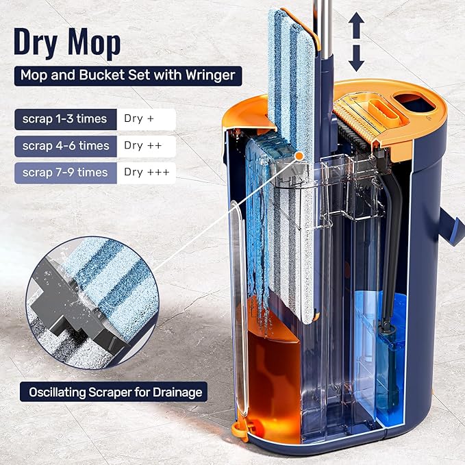 Mop and Bucket Set with Wringer, 3-Tank Flat Mop and Bucket System, Wall Mop - Image 4