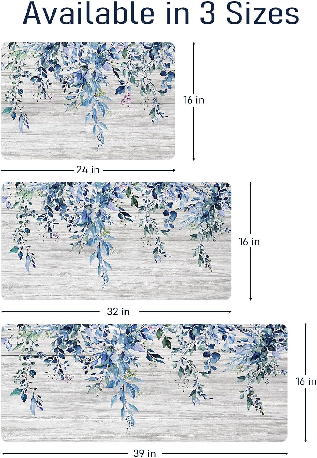 Blue Eucalyptus Long Bathroom Rugs Non Slip Super Absorbent Quick Dry Ultra Thin Diatomaceous Earth Bath Mat Watercolor Plant Leaves with Floral Diatomite Bath Mats for Bathroom 39''x16''