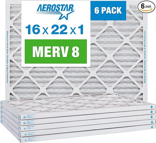 Aerostar 16x22x1 MERV 8 Pleated Air Filter, AC Furnace Air Filter, 6 Pack by AirFiltersDelivered