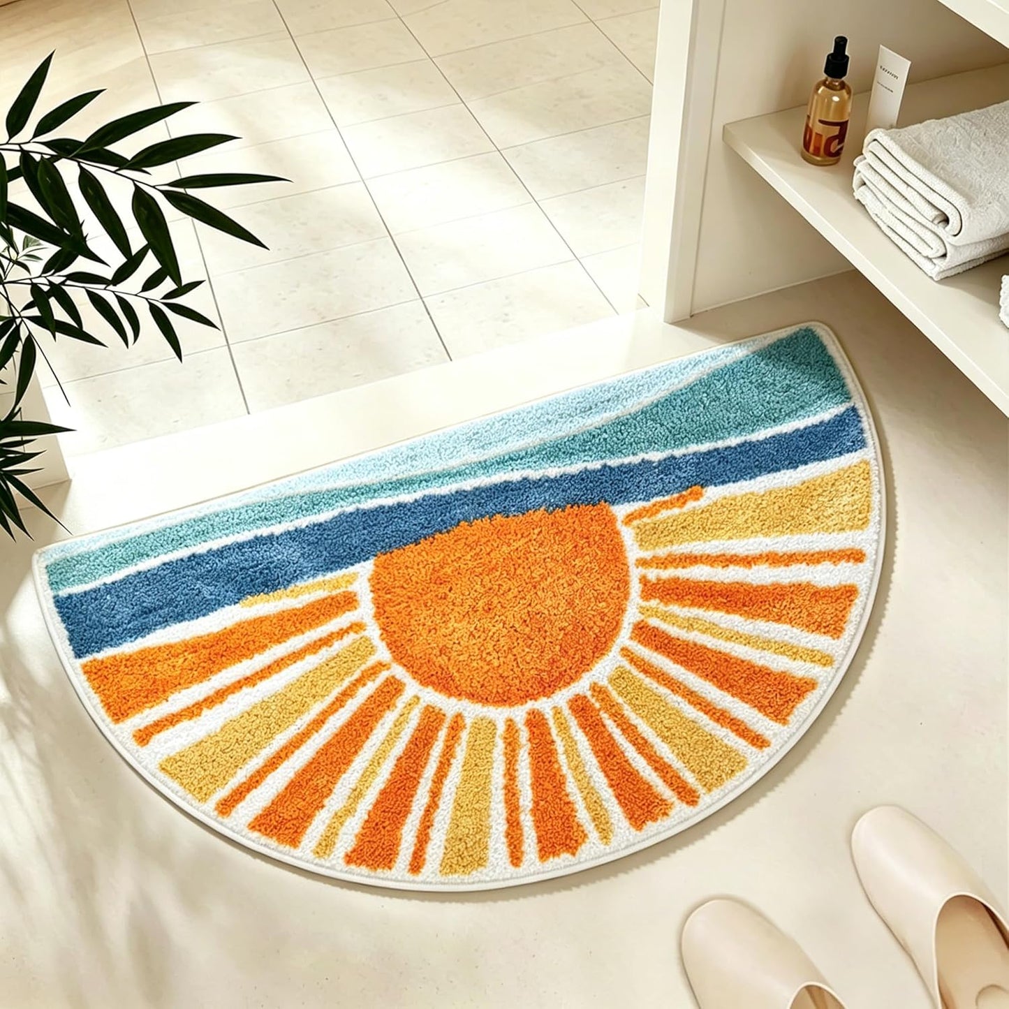 Boho Sun Bath Rug, Half Circle Bath Mat, Soft Plush Fluffy Absorbent Quick Dry Shower Rug, High-Low Pile Non Slip Floor Mat for Bathroom, Bedroom, Living Room, Kitchen Sink & Kids Room, 19.6"x35"