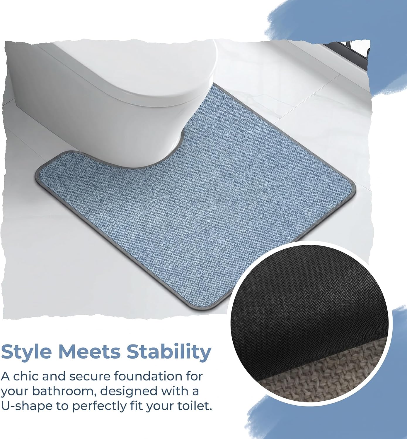 Absorbent Bath Rug Mat for Oval Toilet Base,Soft Microfiber Contour Mats for Toilets, Quick Dry, Bathroom Decor, Non-Slip, U-Shape Blue