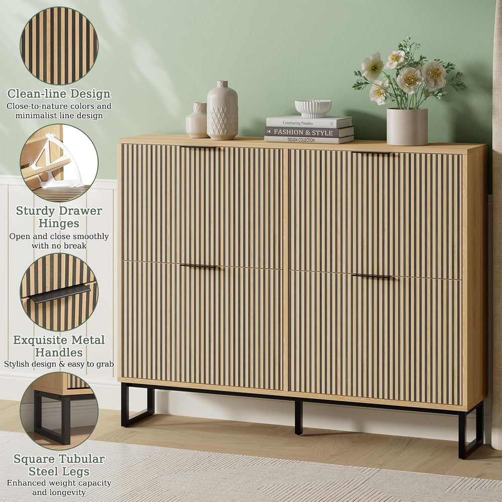 Shoe Cabinet Storage with 4 Flip Drawers and Metal Legs, Natural Wood丨Slim Sh...