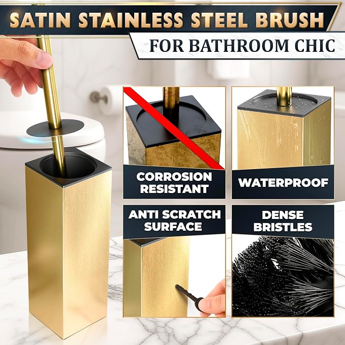 Stainless Steel Toilet Brush and Holder Set Gold & Square Design - Image 3