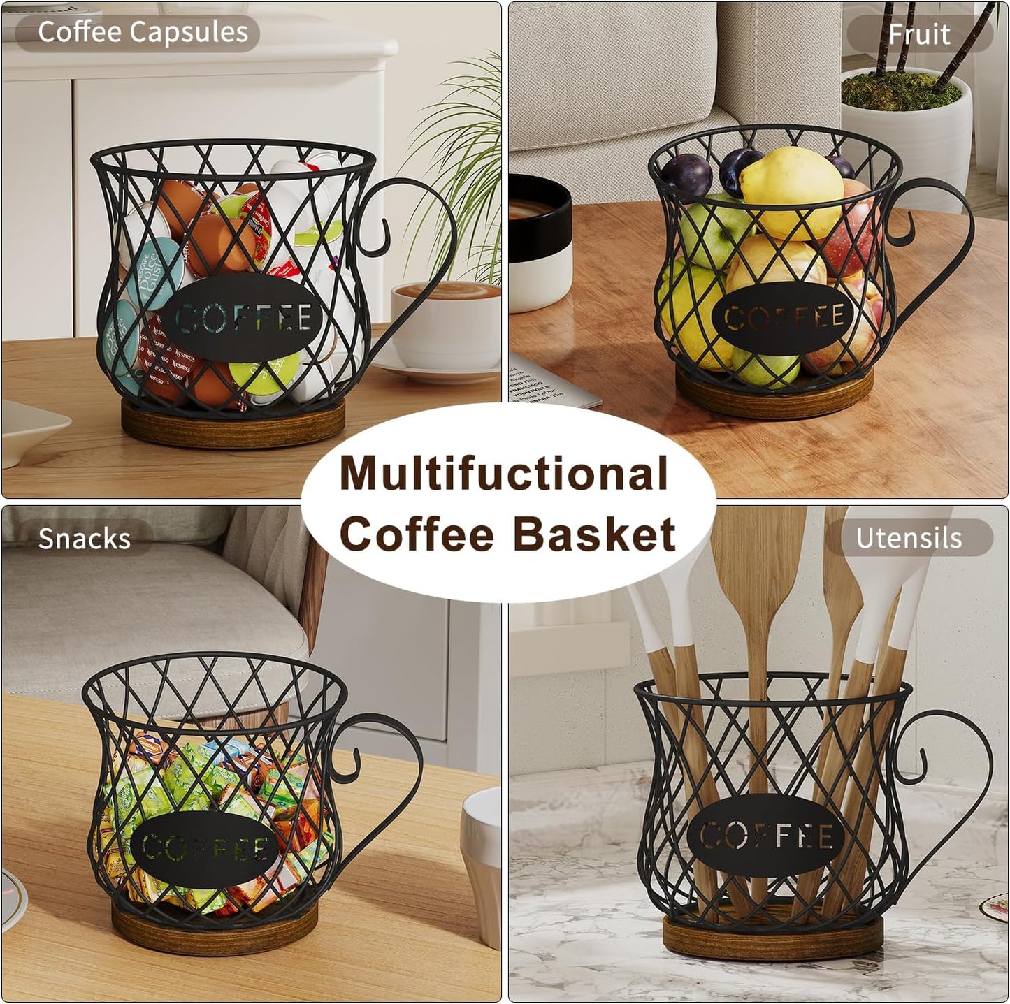 YINMIT K Cup Holder Organizer, Rustic Coffee Pod Holder Organizer, 35 Kcup Holder for Counter with Handle，Large Capacity Black Wire Coffee Capsule Basket for Kitchen Office Desktop (Circular Grid)