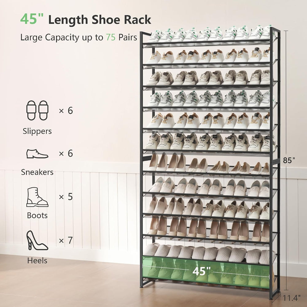 Nunsino Shoe Rack, Long Shoe Organizer,Max Holds 75 Pairs,12 Tier Metal Shoe ...